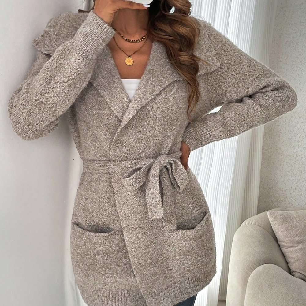 Khaki Casual Womens Dual Pocket Belted Cardigan - Picture 4 of 6